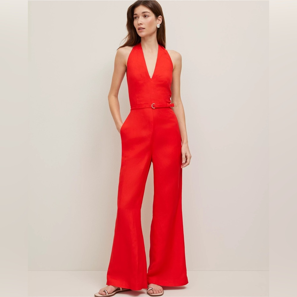 Linen Blend Red Halter Jumpsuit